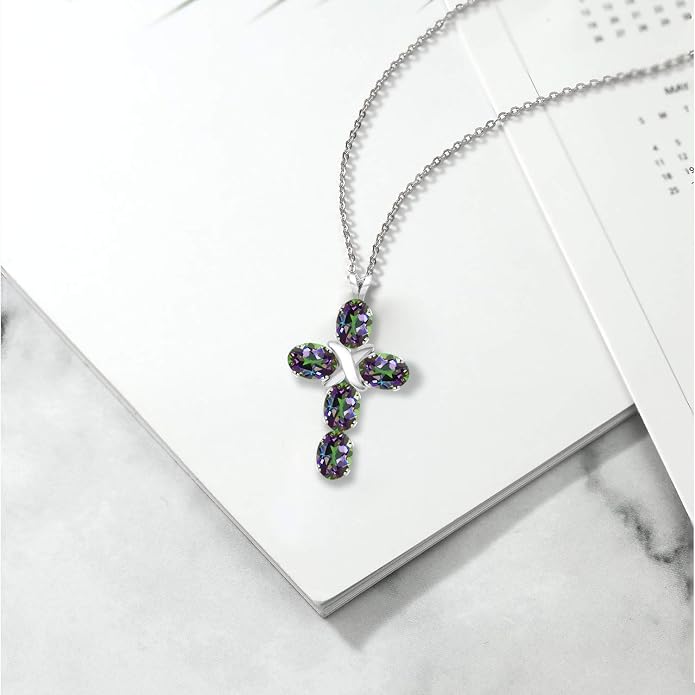Gem Stone King Cross Pendant Necklace for Women | 925 Sterling Silver | 6X4MM Gemstone Birthstone | Jesus Christian Religious Crucifix Jewelry Gifts | 18 Inch Chain