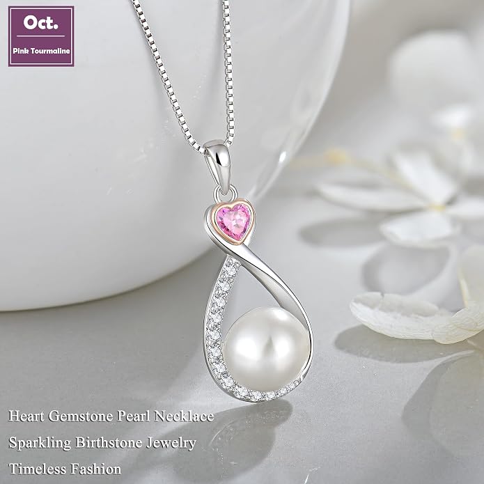 Heart Birthstone Pearl Pendant Necklace, 925 Sterling Silver Infinity Necklace with 10mm Freshwater Cultured Pearl & 4mm Gemstone Jewelry for Women
