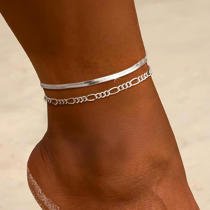 ChicSilver 925 Sterling Silver Ankle Bracelet for Women, Simple Cuban Link/Figaro/Twist Rope Chain Anklets for Beach Party(with Gift Box)
