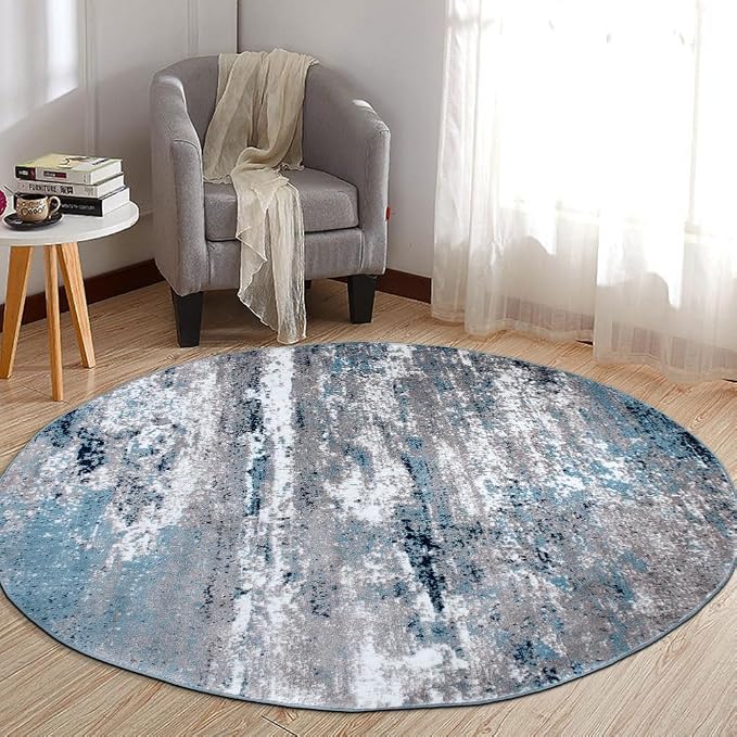 Rugshop Watercolor Distressed Modern Bohemian Abstract Round Rug Blue 6'6"