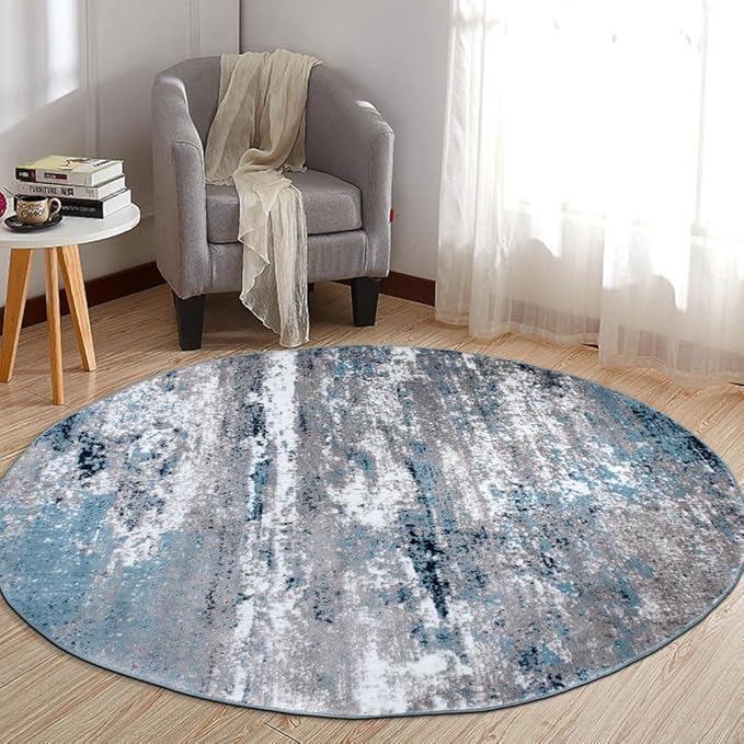 Rugshop Watercolor Distressed Modern Bohemian Abstract Round Rug Blue 8'