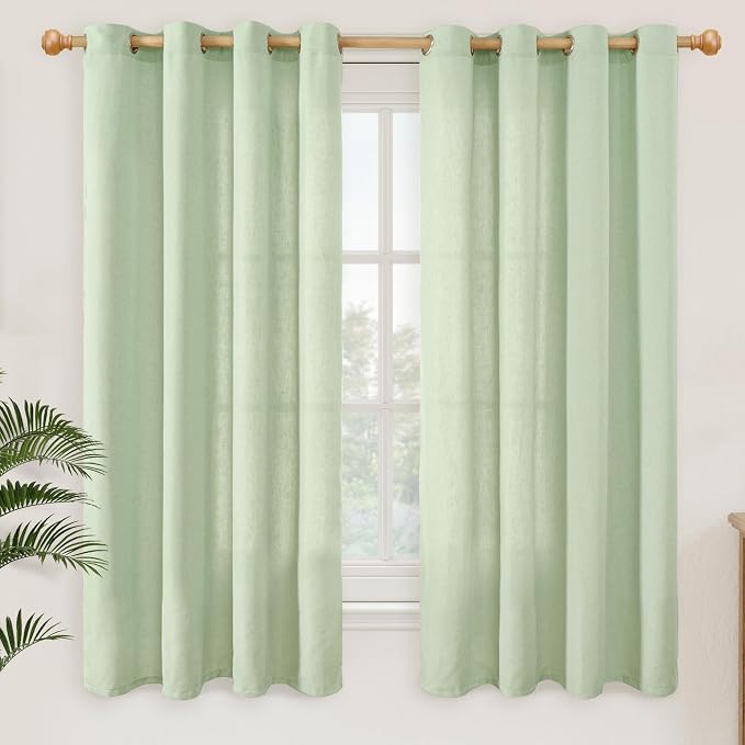 YoungsTex 63 Inch Length Sage Linen Curtains for Living Room, Grommet Boho Window Drapes Light Filtering for Bedroom Privacy Spring Decor, 2 Panels, 52 X 63 Inch