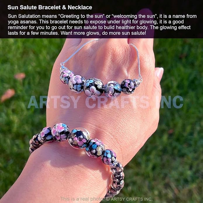 ARTSY Crafts Lily Garden Glow in the Dark Firefly Bead Bracelets Necklaces, Handmade in USA Murano Glass Jewelry, Flower Luminous Beads Mermaid Crystal Bracelet Bangle