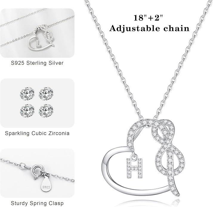 Infinity Heart Necklaces for Women, S925 Sterling Silver Initial Necklace Womens Jewelry Mothers Day Gifts Girls Valentines Gifts for Her Christmas Birthday Gifts for Women Mom Wife Girlfriend