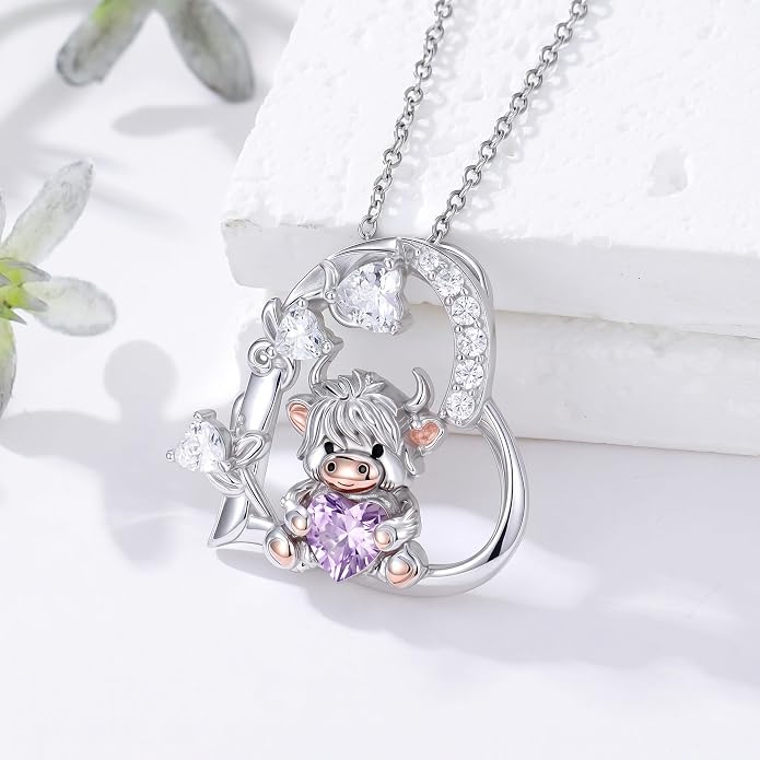 PELOVNY Teddy Bear Necklace for Women 925 Sterling Silver Bear/Highland Cow/Fox/Cat/Axolotl Birthstone Necklace Christmas Birthday Jewelry Gifts for Mom Daughter Wife Sister