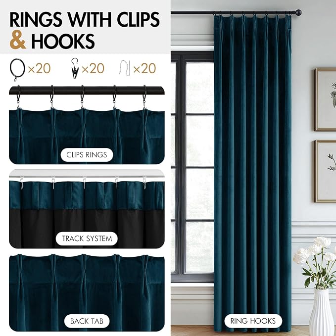 MIULEE Peacock Blue Velvet Curtains 108 inches Long, Pinch Pleated Blackout Drapes with Hooks, Thermal Insulated Pinch Pleat Panels for Bedroom Living Room, 2 Panels