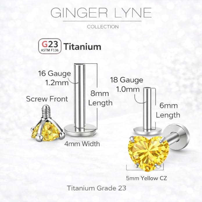 Titanium Heart CZ Labret Stud Earrings for Piercings by Ginger Lyne 6Pc Set G23 Screw Front Flat Back Body Jewelry 2 pair post 6mm, 8mm Cartilage, Helix, Tragus, Lip, Conch, Lobe