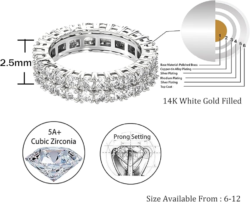 TOPGRILLZ 2-Row Cubic Zirconia Band Ring for Men & Women, 14K Gold Plated Brass, 9 mm Wide Iced-Out Eternity, Sizes 6-12, Golden or Silvery