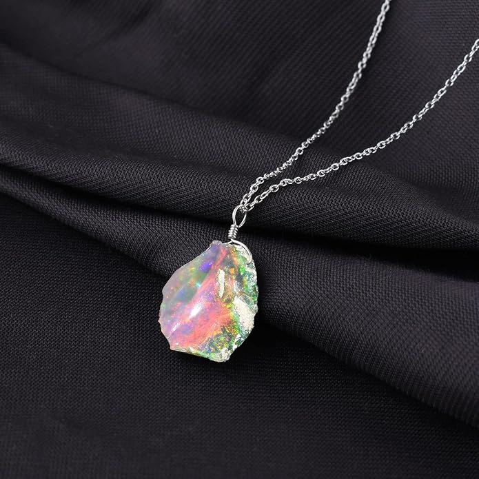 Raw Ethiopian Fir Opal Pendant Necklace for Women, Dainty Pendant, Handmade October Birthstone, Hypoallergenic Spiritual Healing Stone 925 Sterling Silver Chain 20" Birthday Gifts