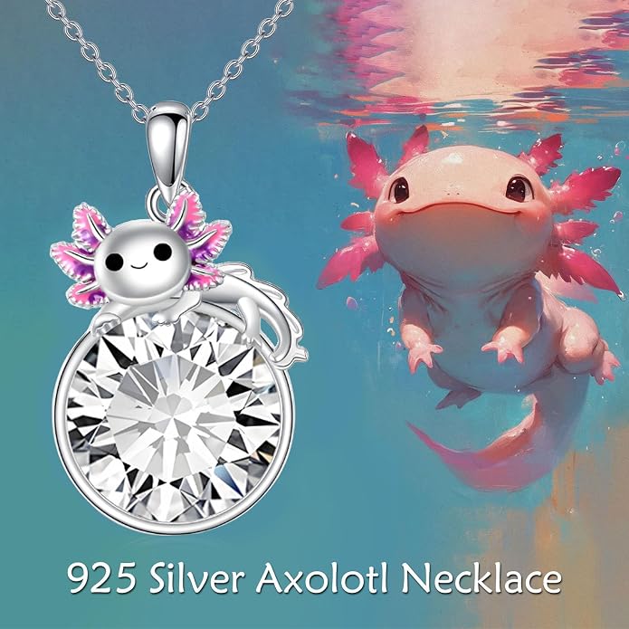 Birthstone Axolotl Necklace Sterling Silver Axolotl Pendant Cubic Zirconia Jewelry Birthday Gifts for Women Men