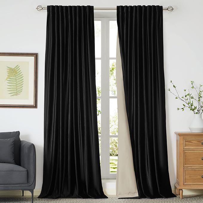 Black Blackout Velvet Curtains 72 inch for Living Room,Full Blackout Elegant 2 Panels Back Tab Thermal Insulated Room Darkening Liner Curtain Heavy Noice Reducing Soundproof Window Drapes for Bedroom