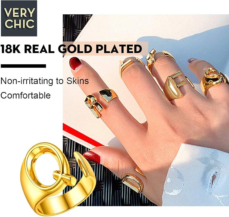 FindChic Customizable Initial Ring Statement 18K Gold Plated Fashion Cuff Rings for Women Alphabet Letter A to Z Resizable Knuckle Ring (with Gift Box)