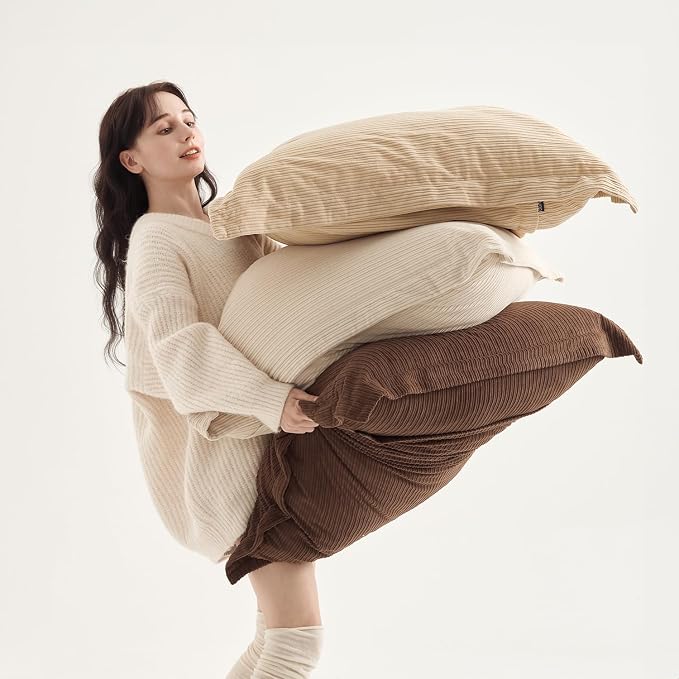 COCO TOP Set of 3 Corduroy Large Pillow Covers 28x28inch, Super Soft-Touch Boho Vintage Earth Tones Cushion Cases for Sofa, Living Room, Bedroom, Office,Game Home（Dark Brown, Beige & Camel）