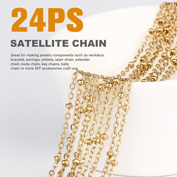 Cadikez 24PCS Gold Satellite Chain Necklace Bulk, 2mm 18inch 18K Gold PVD Plated Stainless Steel Finished Beaded Cable Link Chains for Necklace Jewelry Making