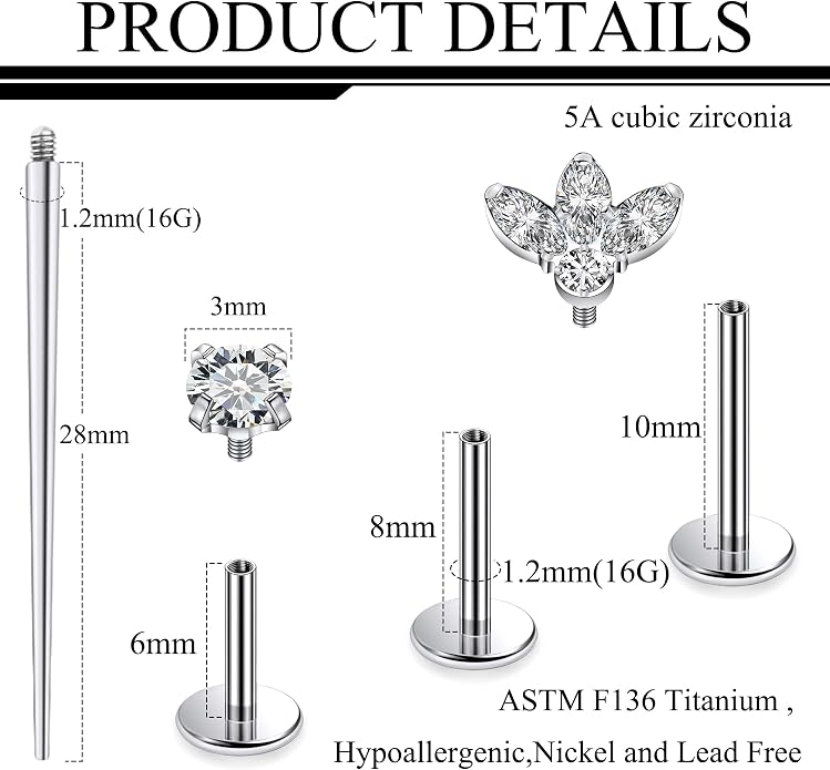 Ruifan Titanium Flat Back Lip Rings Internally Threaded Earrings Studs Nose Rings 16G Opal CZ Tragus Cartilage Lobe Rook Helix Conch Labret Medusa Piercing Jewelry for Women Men W Piercing Taper Set