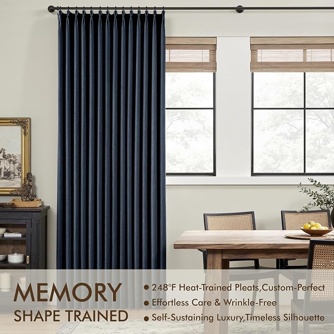 MIULEE Navy Blue Pinch Pleated 100% Blackout Linen Curtains for Bedroom, Room Darkening Memory Trained Light Blocking Window Curtains 96 inches Long for Living Room, Black Out Pleat Drapes, 2 Panels