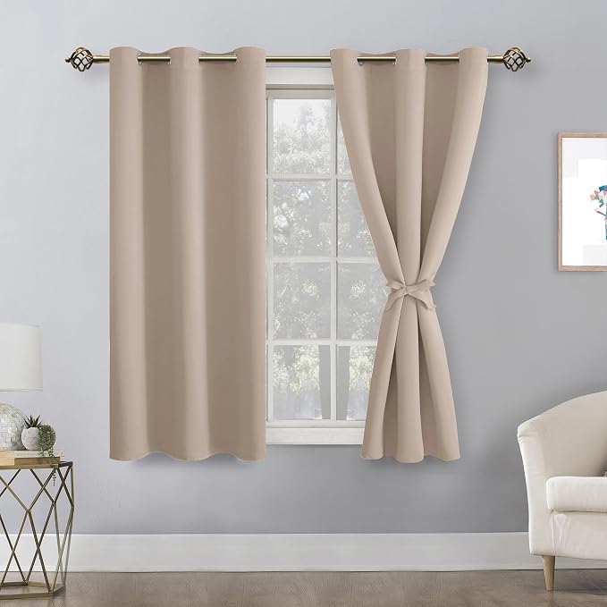 Hiasan Blackout Curtains for Bedroom - Thermal Insulated & Light Blocking Window Curtains for Living Room/Kids Room, 2 Drape Panels Sewn with Tiebacks, Camel, 42 x 45 Inch