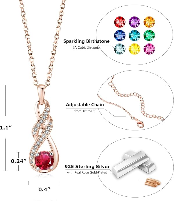 Birthstone Necklaces for Women 925 Sterling Silver Infinity Pendant Created Gemstone Jewelry for Her, 16"+2"