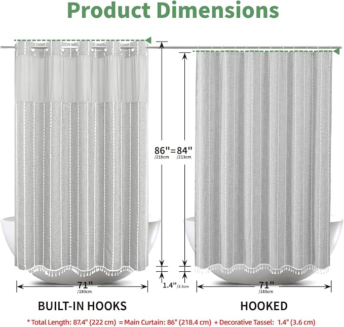 eachope No Hook Extra Long Shower Curtain Set with Snap-in Liner,Linen Textured Thick Striped Fabric with Tassels,Boho Chic Modern Farmhouse Bathroom Curtain,Water-Repellent,Grey/Gray,71x86