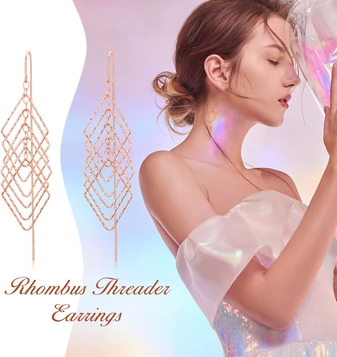 Sterling Silver Threader Earrings Flower Heart Moon Star Tiny Cube Rhombus Sector Beads Dream Catcher Evil Eye Butterfly Leaf Lightning Bolt Tassel Dangle Drop Chain Charm Earrings Jewelry Gifts for Women