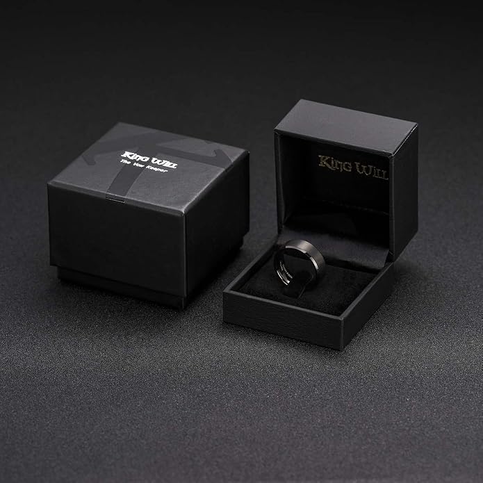 King Will Tungsten Men's Wedding Ring - Available in 6mm to 10mm, Black/Silver, Matte Finish, Beveled Polished Edge, Comfort Fit