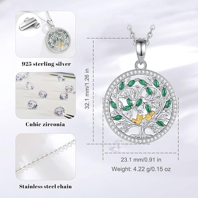 AEONSLOVE Tree of Life Necklace 925 Sterling Silver, Family Tree of Life Pendants Jewelry Gifts for Women Wife Mother, 18 Inch Chain