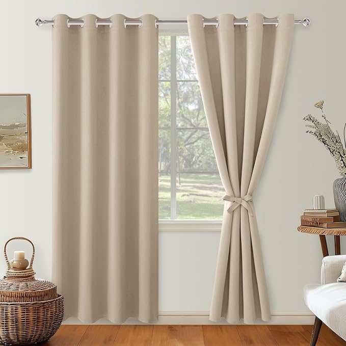 Hiasan Blackout Curtains for Bedroom, 52 x 96 Inches Long - Thermal Insulated & Light Blocking Window Curtains for Living Room, 2 Drape Panels Sewn with Tiebacks, Taupe