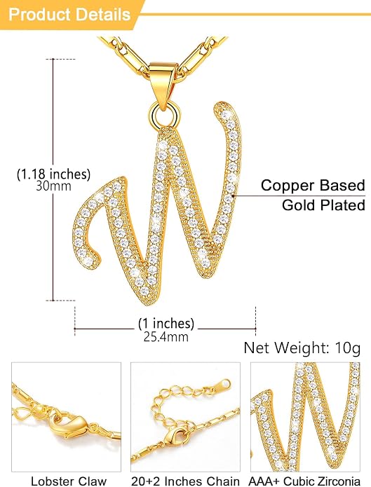 U7 Initial Necklace for Women, Gold/Platinum Plated CZ Crystal Letter A-Z Pendant Necklace, Shiny 20 Inch Name Chain Dainty Personalized Jewelry for Men Mom Wife Friend