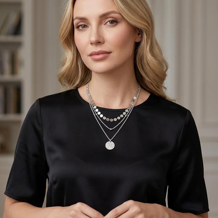 MONGAS Boho Layered Necklace Sterling Silver Triple 3 Stacked Vertical Bar Triangle Long Layering Necklaces Christmas Jewelry Gifts for Women
