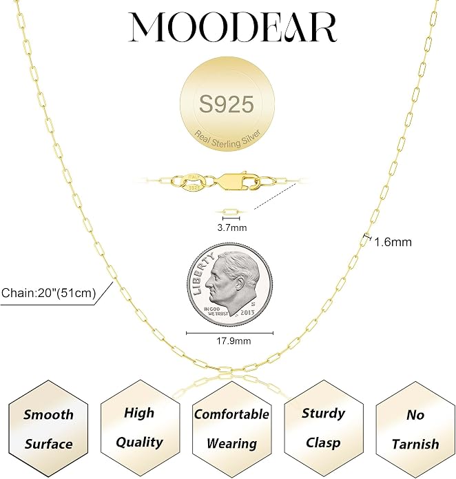 Moodear 925 Sterling Silver Paperclip Necklace for Women, 1.6mm Slender Link Chain, 14K Gold Plated Dainty Choker, Waterproof Trendy Jewelry Gifts for Girlfriend or Wife