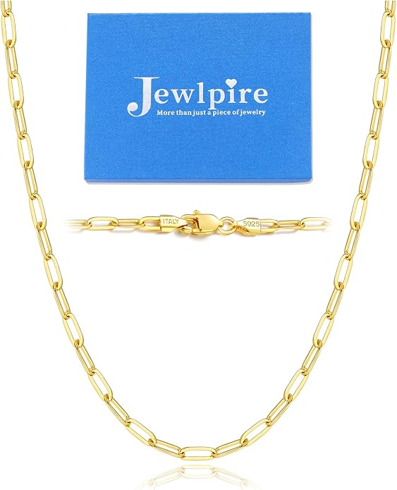 Jewlpire 14K Gold Plated 925 Sterling Silver Paperclip Chain Necklace for Women, 2.5mm 3mm Necklace for Women, Comfortable Women's Chain Necklaces 16 18 20 22 24 26 Inch