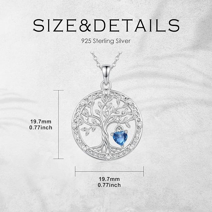 Tree of Life Birthstone Necklace 925 Sterling Silver Crystal Tree of Life Pendant Birthstone Jewelry Birthday Christmas Gifts for Women Mom Her Wife