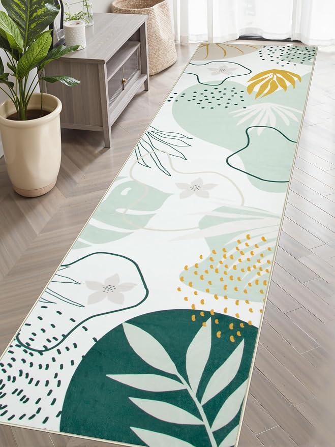 Lahome Green Runner Rugs for Hallway 2x10, Extra Long Washable Non-Slip Kitchen Rug Lightweight Stair Carpet Runner, Boho Botanical Print Soft Entrance Bath Laundry Living Room 2' x 10'