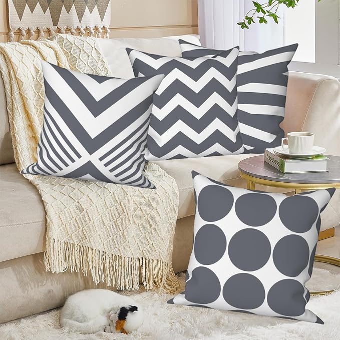 4 Pcs/Set Geometric Pillow Covers Boho Grey Winding Strips Circle Mid Century Geometry Stripes Minimalist Throw Pillow Covers for Home Sofa Couch Outdoor Decorative, 16"x16", Grey White