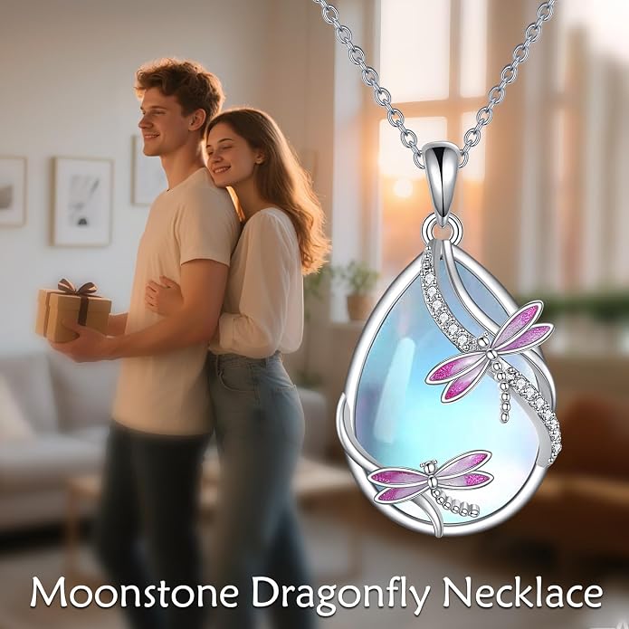 KQF Dragonfly/Butterlfy/Cat/Jellyfish/Bunny/Axolotl/Bee/Mermaid/Hummingbird/Elephant Necklace for Women Sterling Silver Moonstone Pendant Necklace Dragonfly Jewelry Gifts for Women