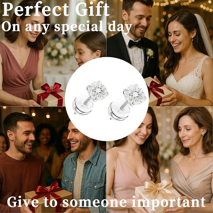 Moissanite Stud Earrings in 14K White Gold Plated Titanium | HypoAllergenic Earrings for Women & Men