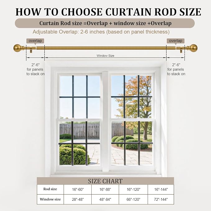Modern Gold Curtain Rods for Windows 28 to 48 Inch 1" Diameter Adjustable | Heavy Duty Brass Window Curtain Rod with Metal Finials for Living Room Bedroom Farmhouse Kitchen Outdoor