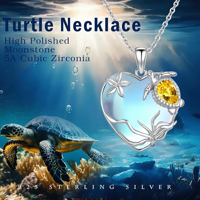 Sea Turtle/Seaweed Necklace for Women 925 Sterling Silver Heart of the Ocean Moonstone Pendant Necklace Turtle Moonstone Jewelry Gift for Wife Mom