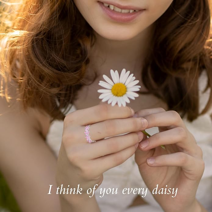 S925 Sterling Silver Dainty Daisy Flower Rings for Women, I Think Of You Every Daisy, 12 Month Birth Flower Ring