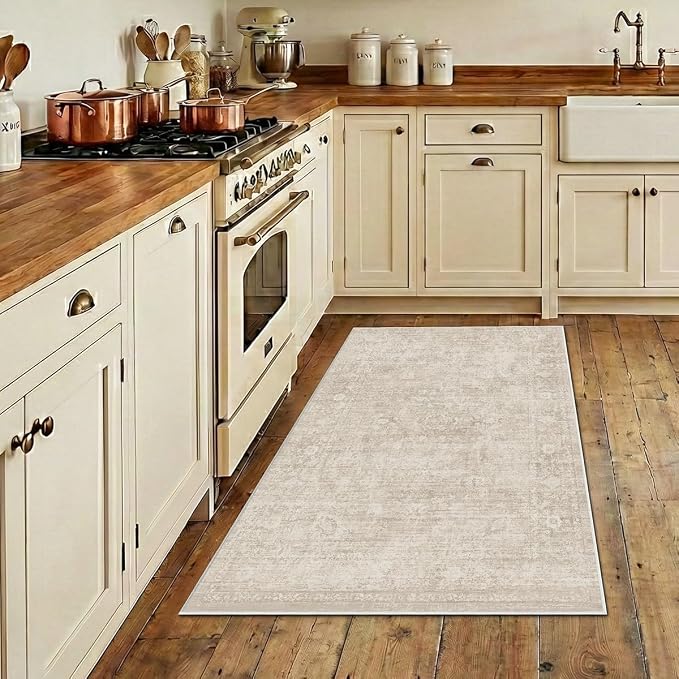 Homemate Washable Rug 3x5 Area Rugs - Vintage Faux Wool Rugs for Living Room Bedroom Dining Room - Non Slip Foldable Carpet Indoor Area Rug for Home Decor（3'x5', Beige