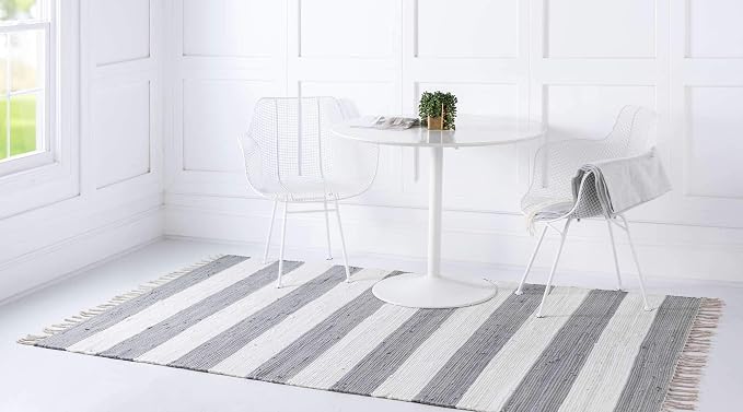 Unique Loom Chindi Rag Collection Area Rug - Striped (6' 1" x 9' Rectangle, Gray/ Ivory)