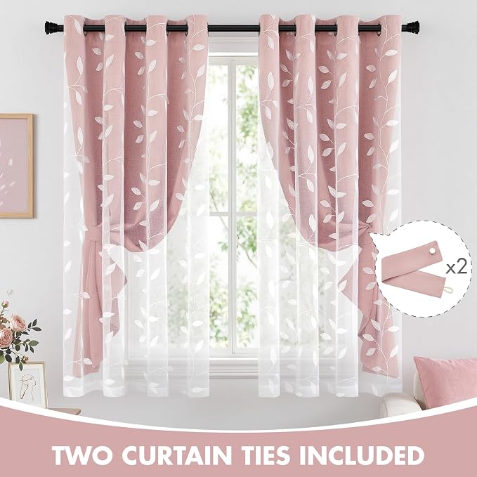 MIULEE Double Layer Curtains 63 Inches Long, White Leaf Patterned Sheer Floral Drapes and Pink Blackout Room Darkening Window Curtains for Living Room Bedroom, Grommets Top, 52" W x 63" L, 2 Panels