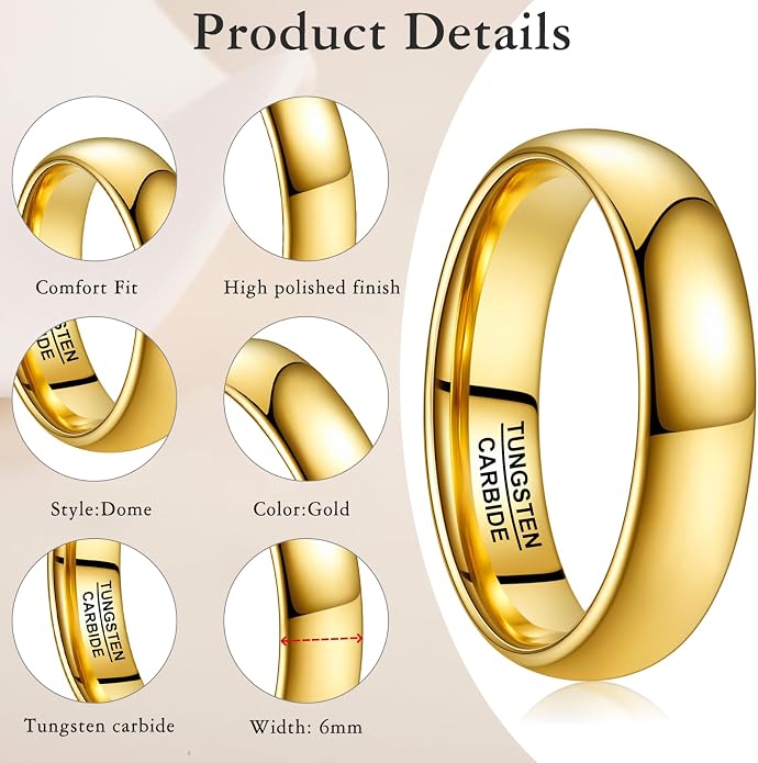 Vakki Gold Tungsten Wedding Bands for Men Women 2/4/6/8mm 14k Gold Plated Slim Stacking Stackable Engagement Promise Rings Domed High Polished Finish Comfort Fit size 5-12