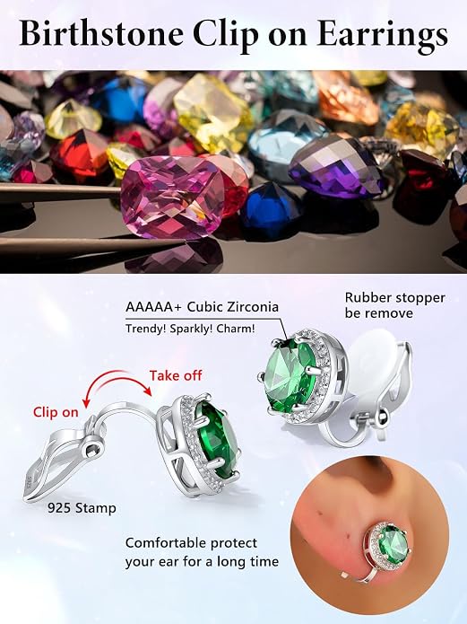 Silvora 925 Silver 8MM Cubic Zirconia Birthstone Clip On Stud Earrings Round Non Pierced Earrings For Women,Come with Box