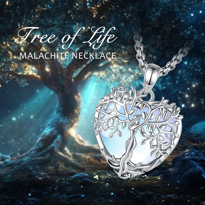 Vito Tree of Life Necklace for Women Men, Silver Plated Copper Teardrop Moonstone/Obsidian/Turquoise/Amethyst/Malachite Crystal Tree Necklace Protection Energy Amulet Jewelry Gift for Mom Wife, 20+2"