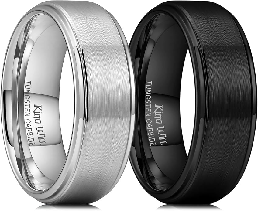 King Will Classic Tungsten Wedding Band for Men, 6/7/8/9/10mm Widths, Polished Finish Step Edge Matte Rings Comfort Fit