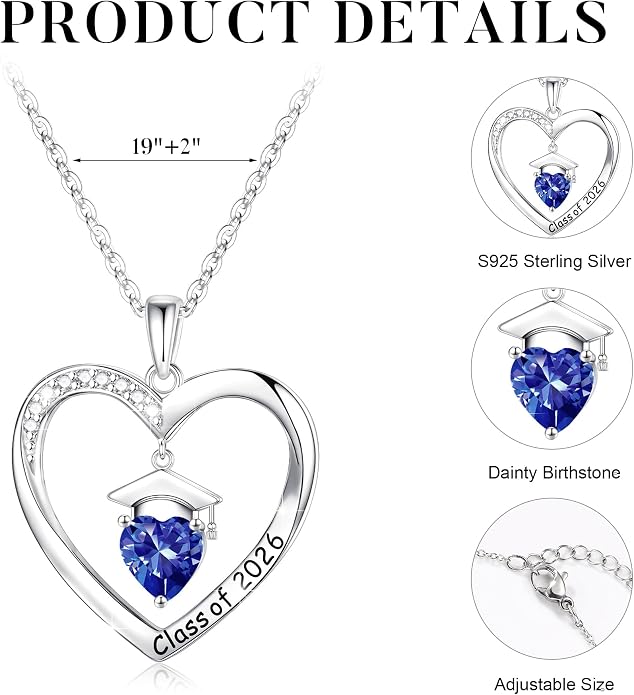 Anoup 2026 Graduation Gifts - 925 Sterling Silver Heart Birthstone Necklace Class of 2026 College High School Graduation Gifts for Women Her