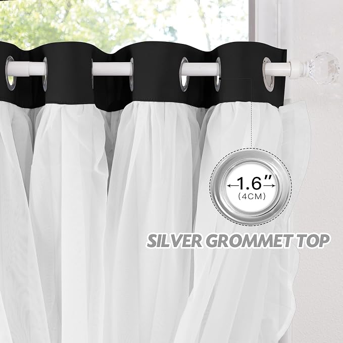 PONY DANCE Blackout Gothic Curtains for Toddle Bedroom Decorative 84 Inches Long, Double Layer Bow Curtain Ruffle White Sheer Overlay, Shabby Chic Decor, W52 x L84 inch, Black, 2 Panels