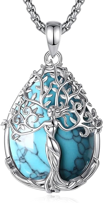 AEONSLOVE Tree of Life Necklace with Crystal for Women, Amethyst/Obsidian/Turquoise/Moonstone/Malachite Crystal Pendant Necklaces for Ladies