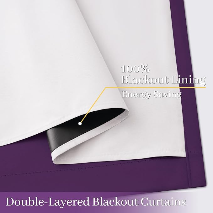 Yakamok Purple 100% Blackout Curtains 63 Inches Long for Bedroom 50" Wide | Blackout Curtain Panels for Bedroom, 2 Thick Layers Grommet Top Thermal Insulated Drapes with White Back for Living Room